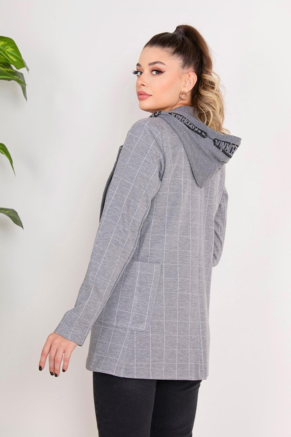 Flat Hooded Collar Women's Gray Jacket - 23080