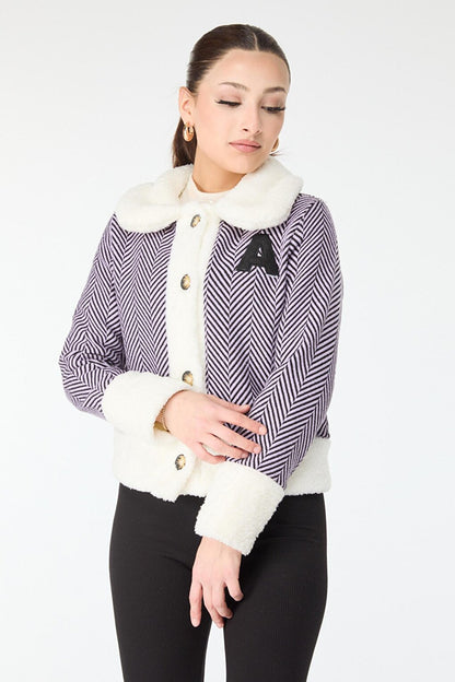 Plain Shirt Collar Women's Lilac Printed Plush Jacket - 13096