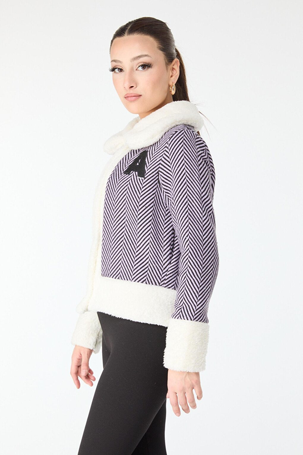 Plain Shirt Collar Women's Lilac Printed Plush Jacket - 13096