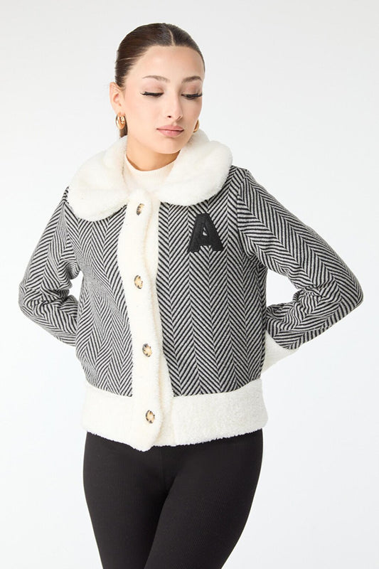 Plain Shirt Collar Women's Gray Printed Plush Jacket - 13096