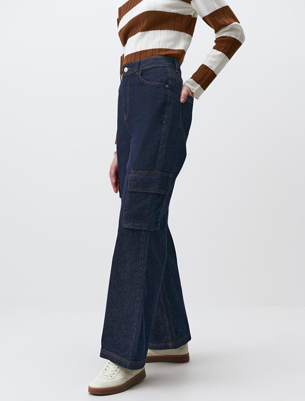 Dark Indigo Blue High Waist Wide Leg Cargo Jean Trousers