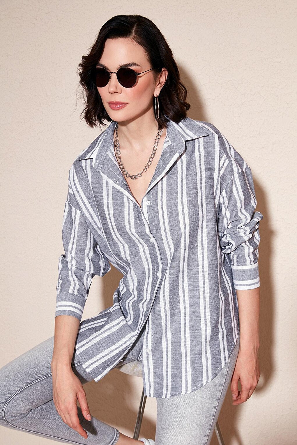 Striped Linen Blend Oversize Shirt 669202512S4