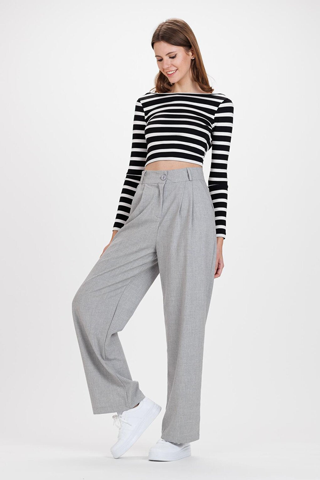 Women's Gray 2 Pleated Front Palazzo Trousers