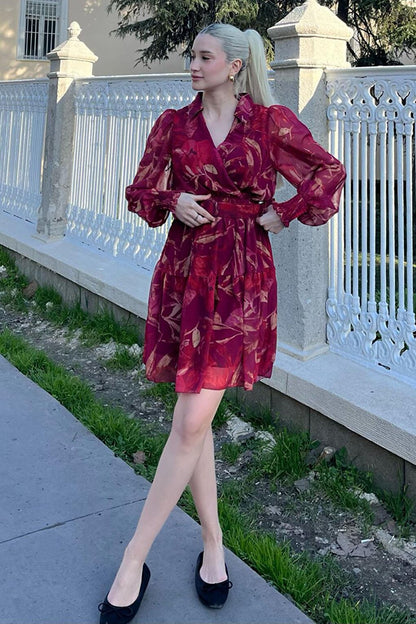 Claret Red Double Breasted Collar Patterned Women's Dress MG2007