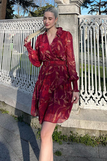 Claret Red Double Breasted Collar Patterned Women's Dress MG2007