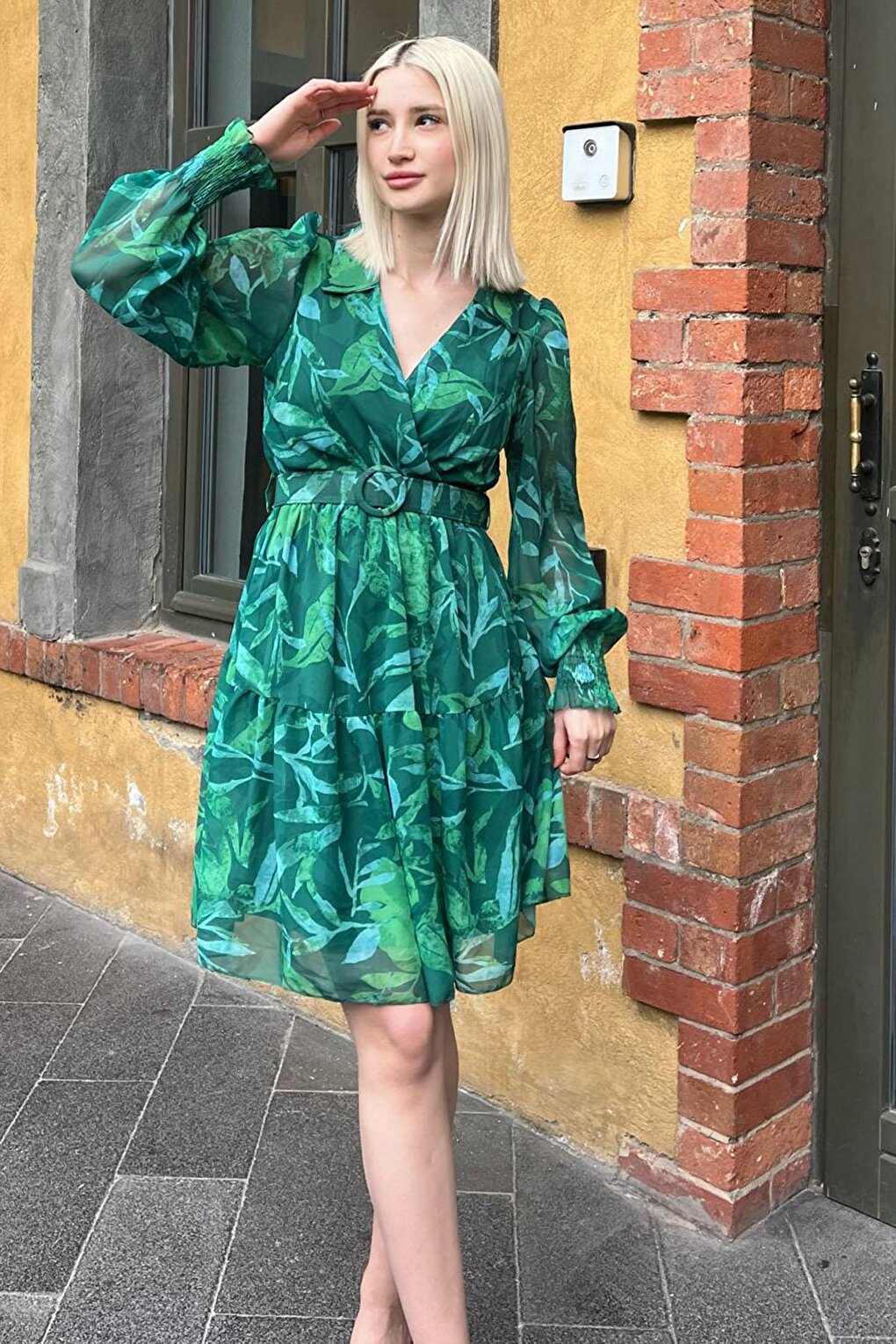 Green Double Breasted Collar Patterned Women's Dress MG2007