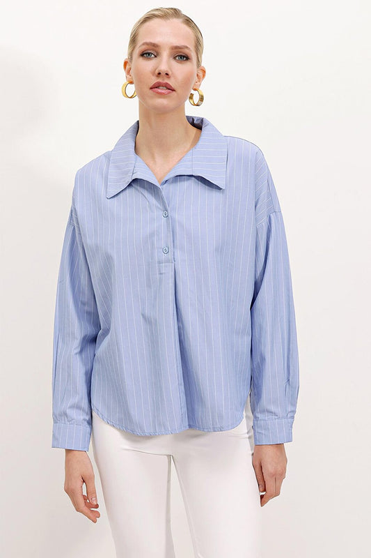 20215 Wide Cut Striped Oversize Shirt - Blue