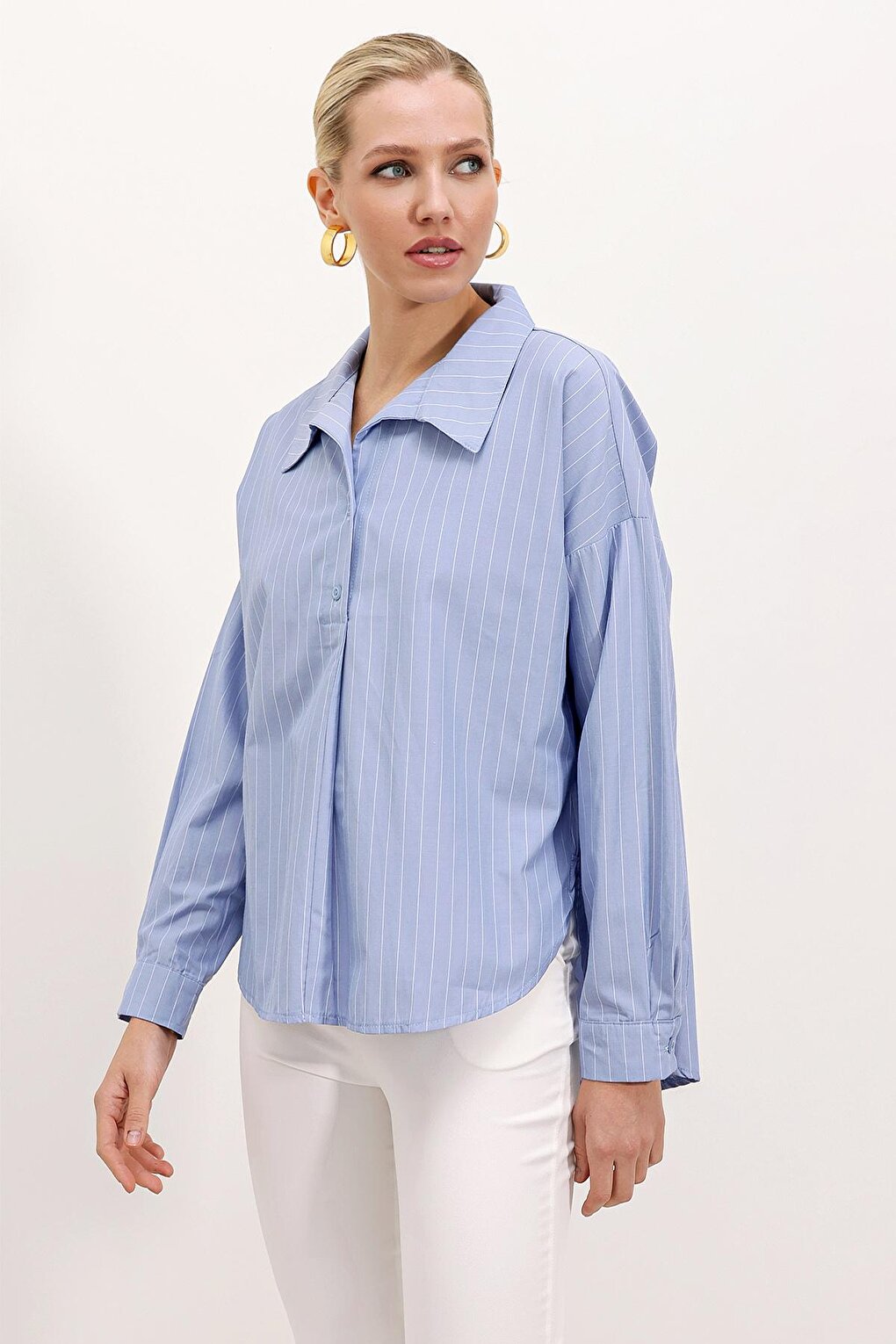 20215 Wide Cut Striped Oversize Shirt - Blue