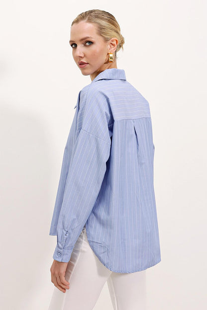 20215 Wide Cut Striped Oversize Shirt - Blue