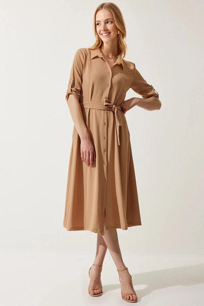 Women's Camel Hidden Pocket Belted Viscose Shirt Dress HZL24S-BD124421