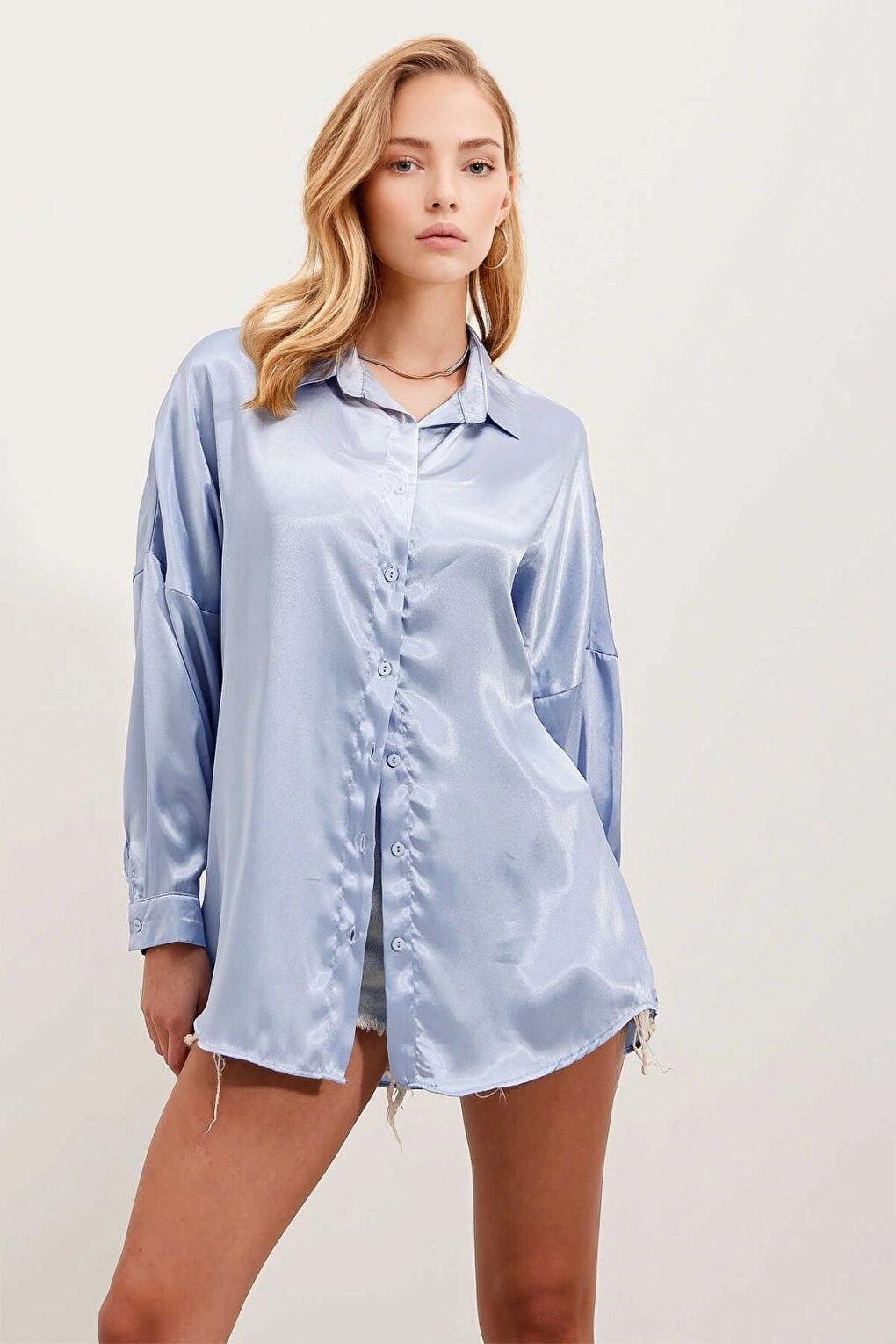 Women's Ice Blue Oversize Draped Satin Finished Shirt HZL23S-BD139851