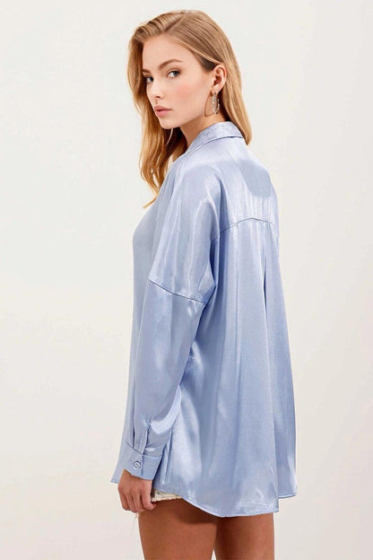 Women's Ice Blue Oversize Draped Satin Finished Shirt HZL23S-BD139851