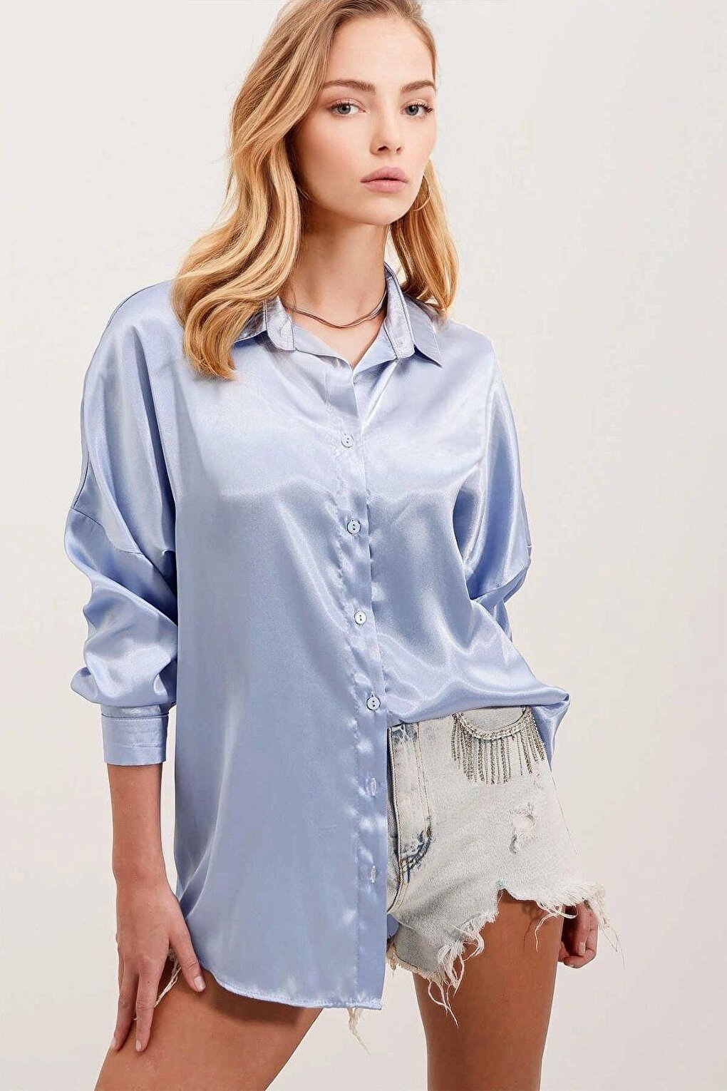 Women's Ice Blue Oversize Draped Satin Finished Shirt HZL23S-BD139851