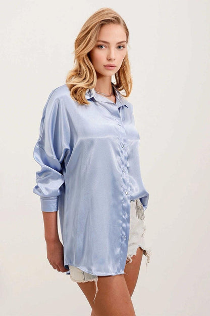 Women's Ice Blue Oversize Draped Satin Finished Shirt HZL23S-BD139851