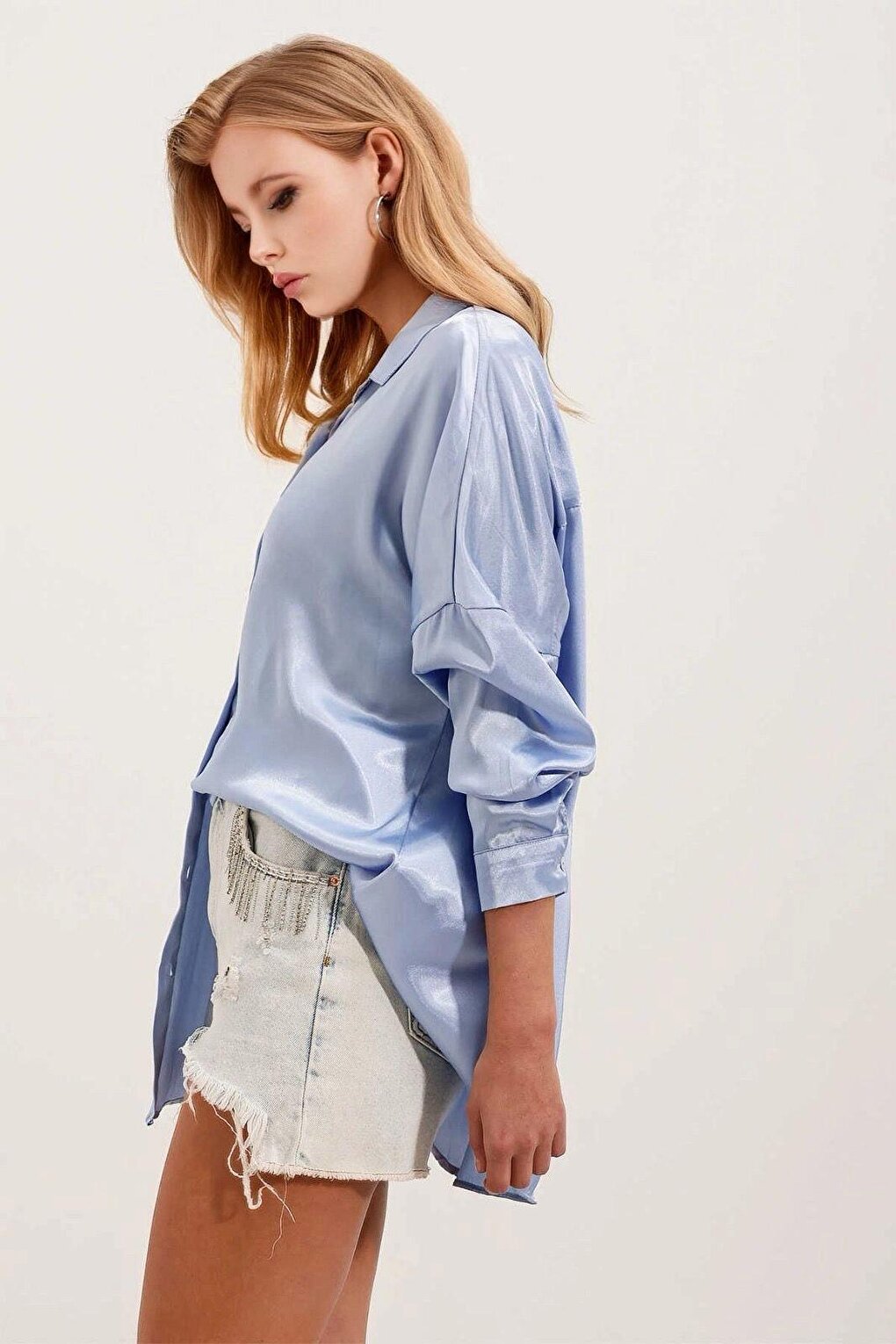 Women's Ice Blue Oversize Draped Satin Finished Shirt HZL23S-BD139851