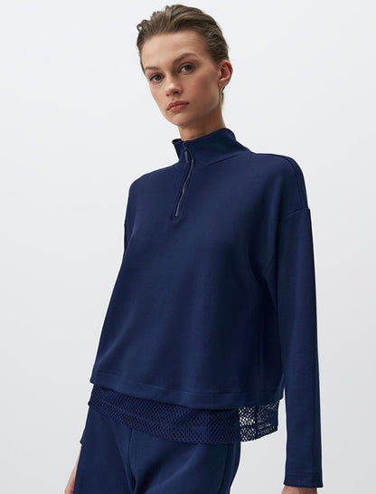 Navy Blue Turtleneck Long Sleeve Mesh Detailed Sweatshirt