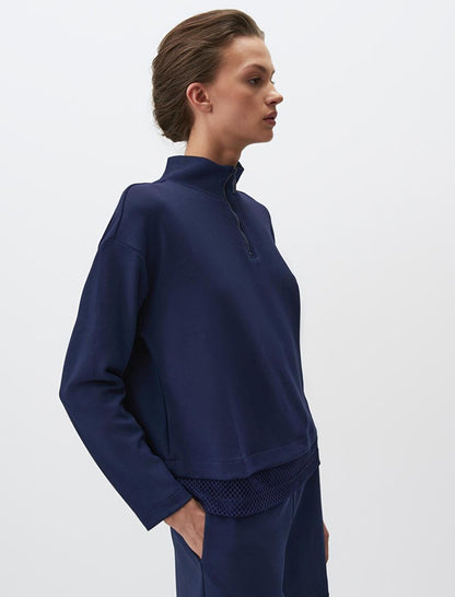 Navy Blue Turtleneck Long Sleeve Mesh Detailed Sweatshirt