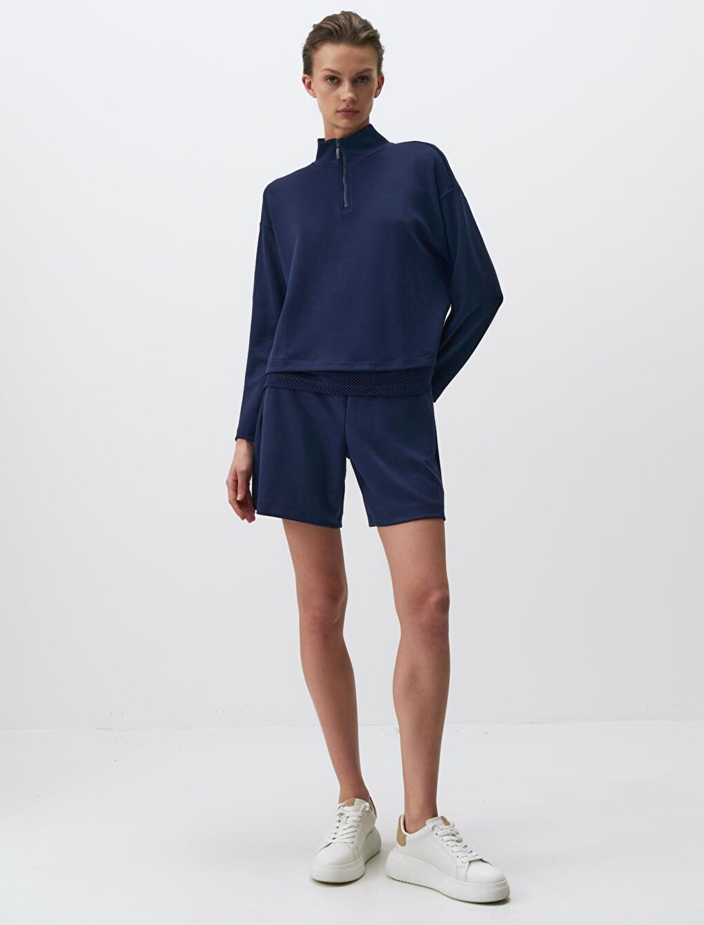 Navy Blue Turtleneck Long Sleeve Mesh Detailed Sweatshirt