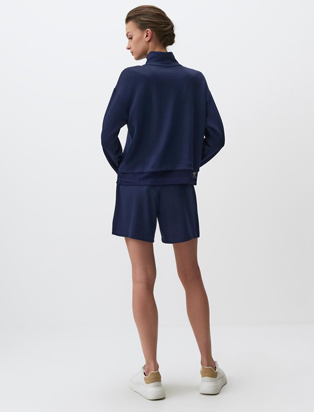 Navy Blue Turtleneck Long Sleeve Mesh Detailed Sweatshirt