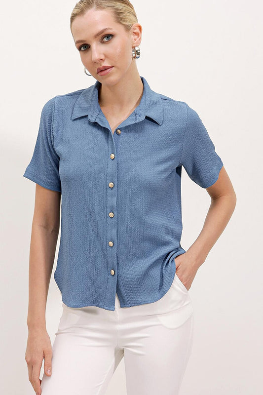 20181 Gold Buttoned Knitted Shirt - Indigo