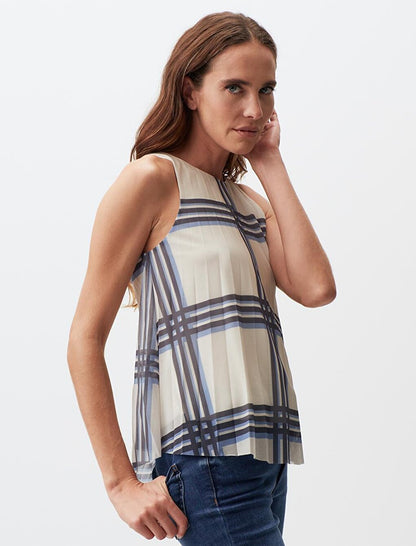 Ecru Sleeveless Plaid Patterned Pleated Blouse