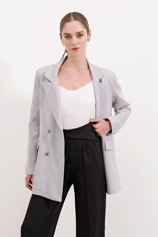 Women's Gray Double Button Striped Blazer Jacket 0699