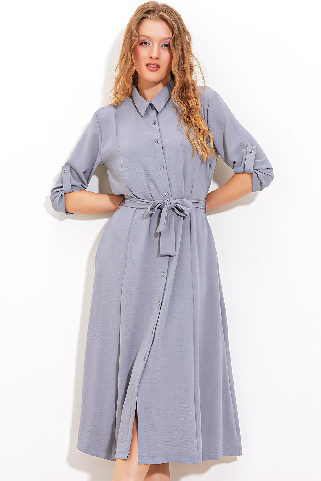 Women's Gray Belted Shirt Dress 2442