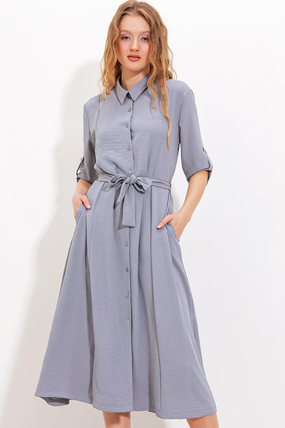 Women's Gray Belted Shirt Dress 2442