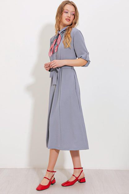 Women's Gray Belted Shirt Dress 2442