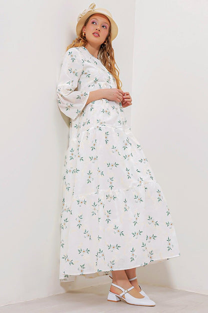 Women's Ecru Green Embroidered Patterned Full-Length Linen Dress 2469