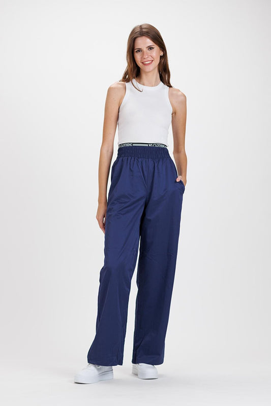 Women's Navy Blue Waist Lettered Elastic Detail Parachute Trousers