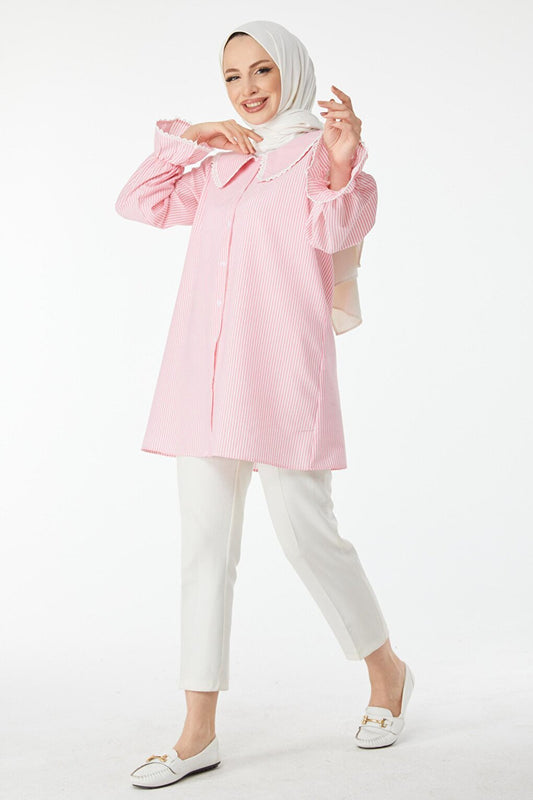 Plain Baby Collar Women's Pink Striped Lace Tunic - 24512