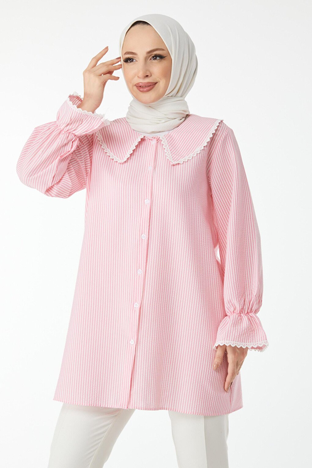 Plain Baby Collar Women's Pink Striped Lace Tunic - 24512