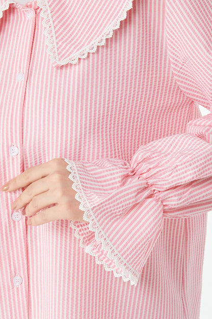 Plain Baby Collar Women's Pink Striped Lace Tunic - 24512