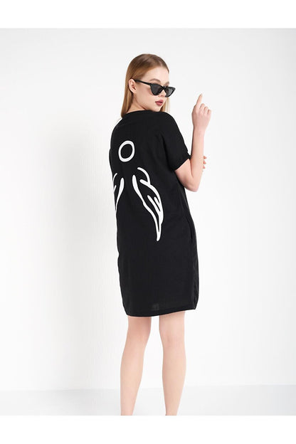 Women's Black Back Printed Pocket Dress