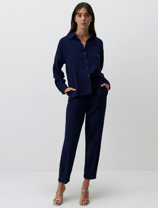 Navy Blue High Waist Woven Trousers