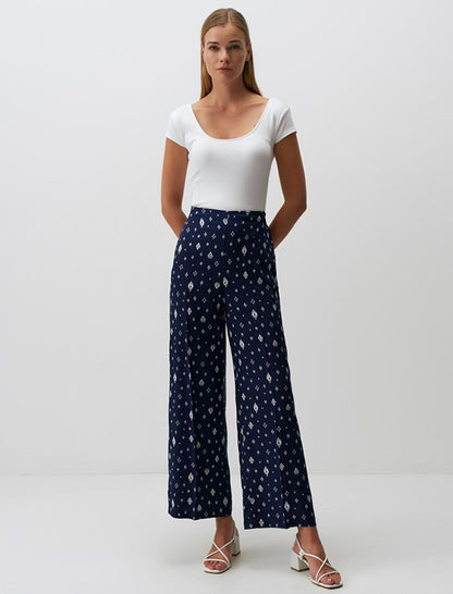 Navy Blue Wide Leg High Waist Patterned Trousers