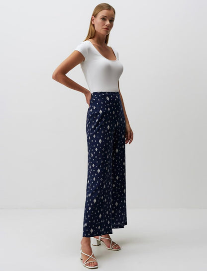 Navy Blue Wide Leg High Waist Patterned Trousers