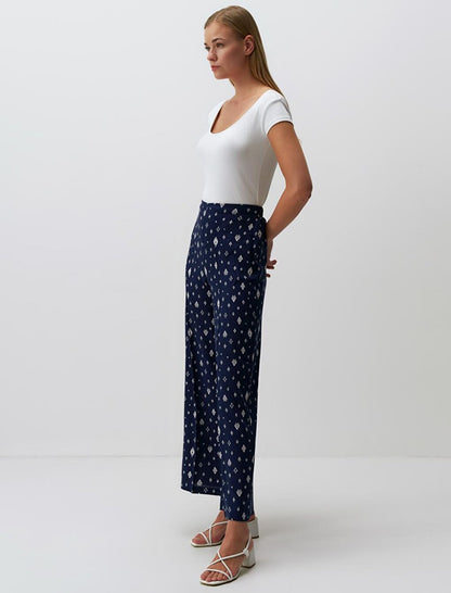 Navy Blue Wide Leg High Waist Patterned Trousers