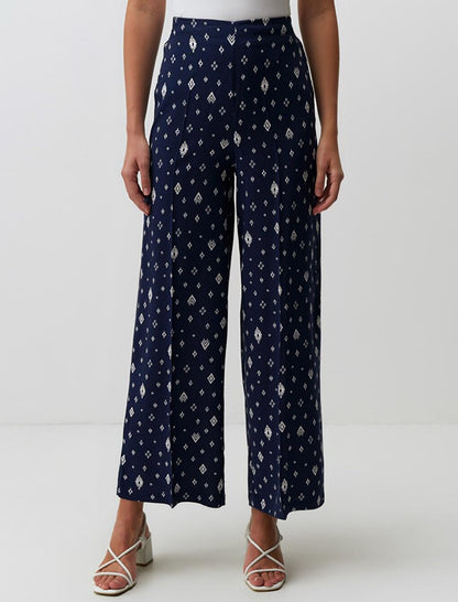 Navy Blue Wide Leg High Waist Patterned Trousers