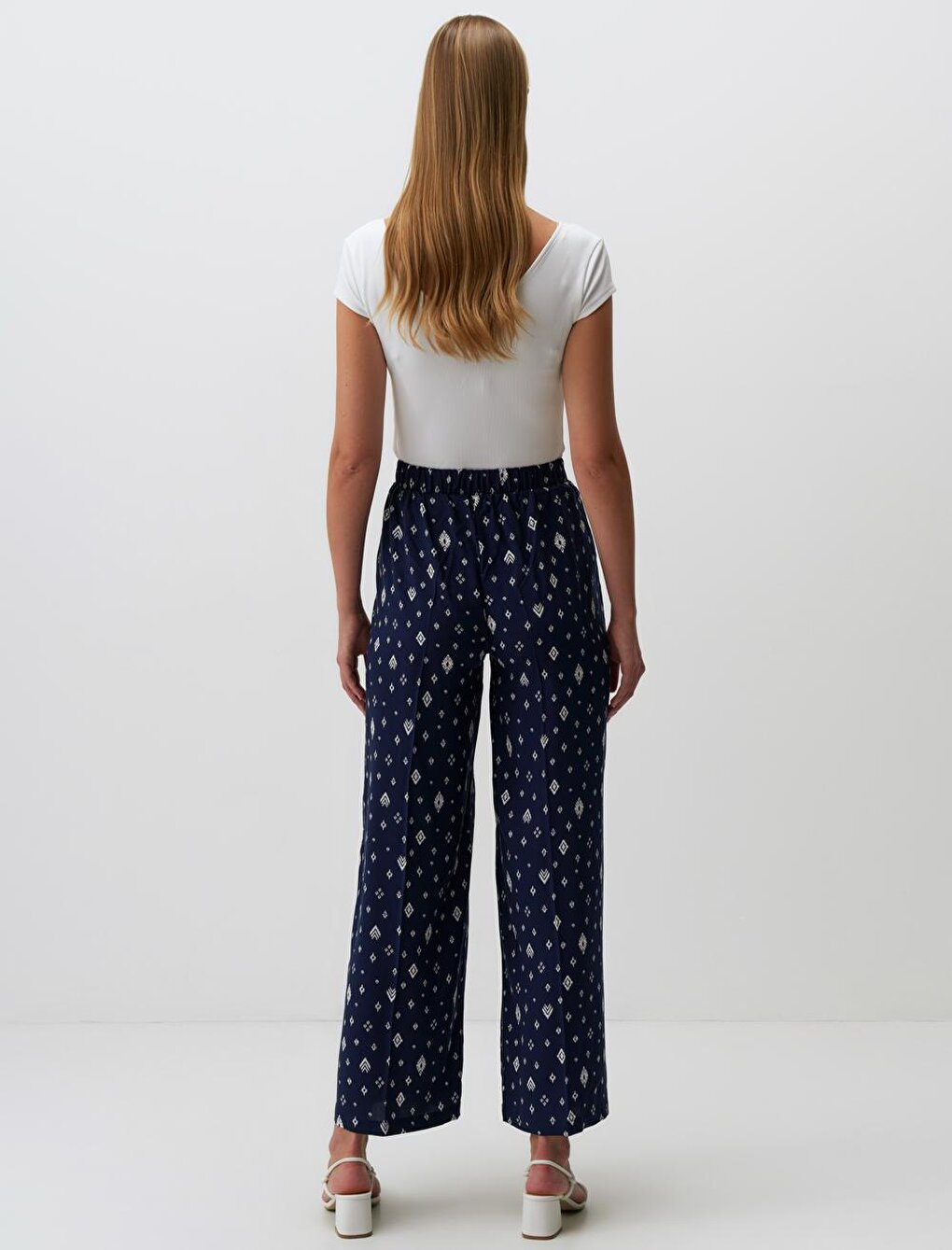 Navy Blue Wide Leg High Waist Patterned Trousers