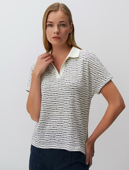 Ecru V-Neck Short Sleeve Openwork Blouse