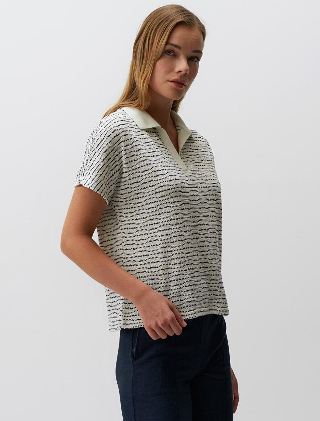 Ecru V-Neck Short Sleeve Openwork Blouse