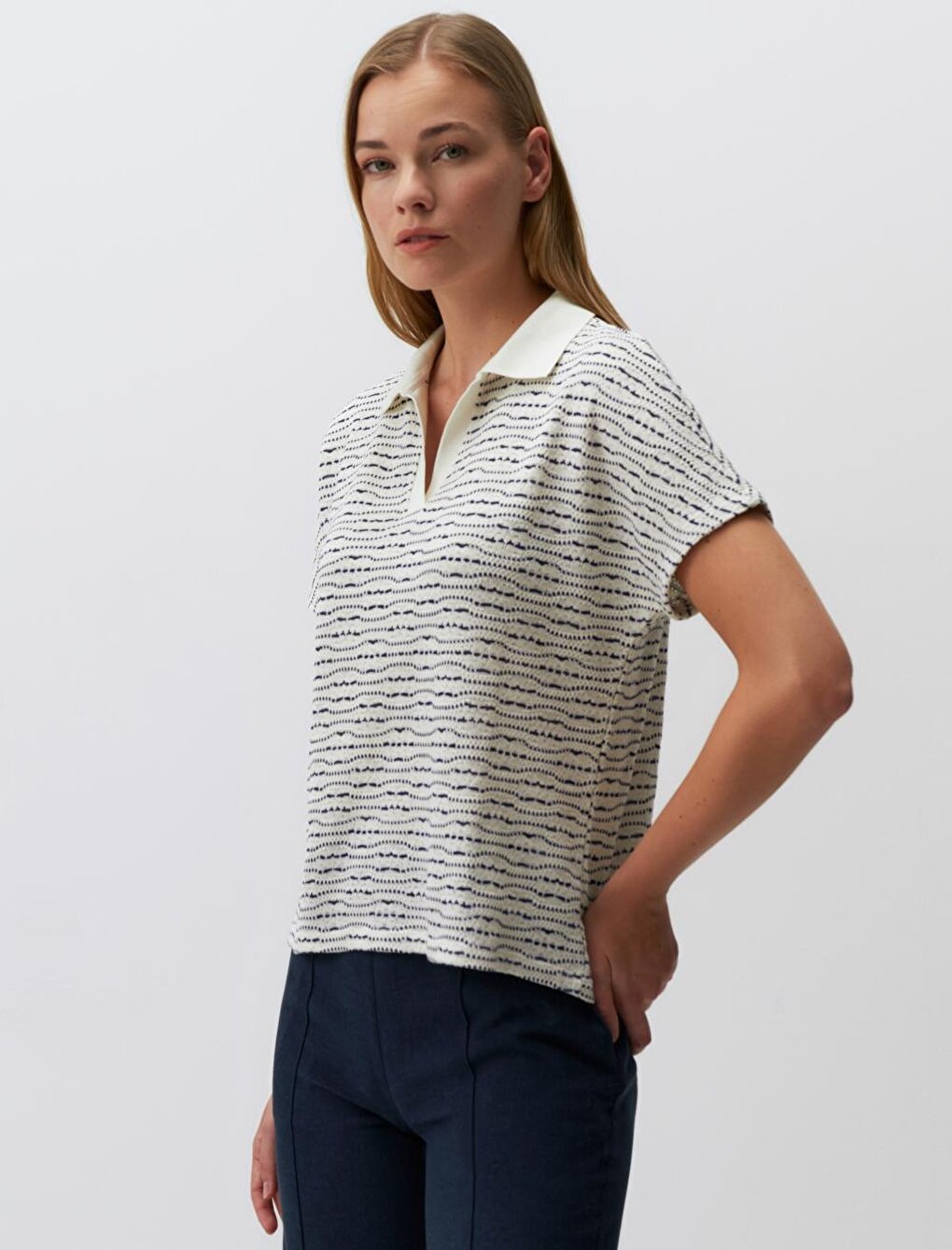 Ecru V-Neck Short Sleeve Openwork Blouse