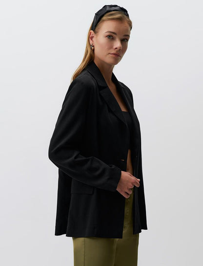 Black Long Sleeve Open Collar Woven Jacket