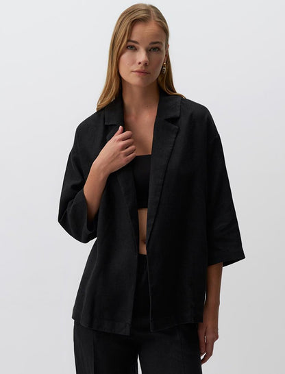 Black Straight Cut Long Sleeve Linen Jacket