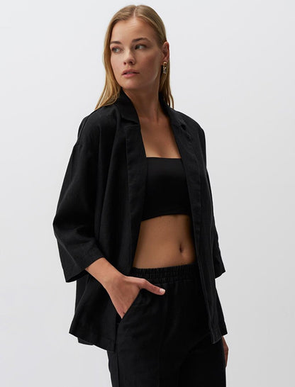 Black Straight Cut Long Sleeve Linen Jacket