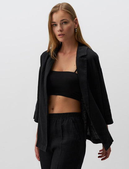 Black Straight Cut Long Sleeve Linen Jacket