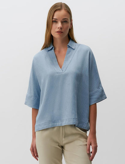 Baby Blue Three Quarter Sleeve Double Breasted Neck Denim Blouse