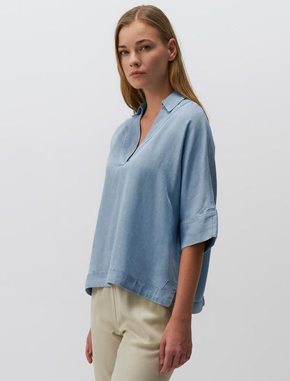 Baby Blue Three Quarter Sleeve Double Breasted Neck Denim Blouse